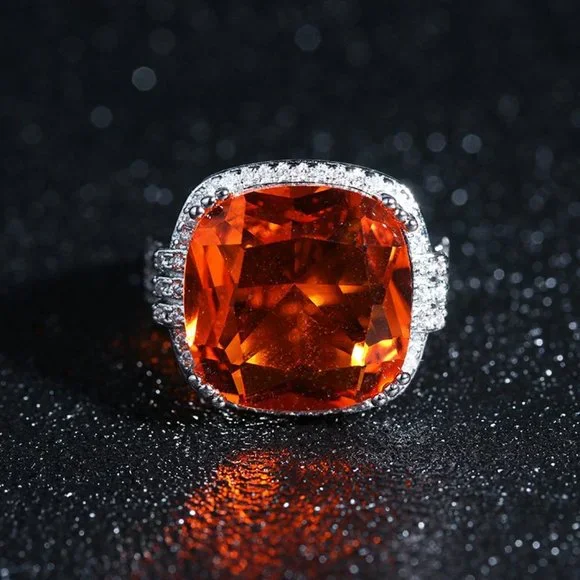 *NEW Huge Cushion Fire Orange Sphalerite Halo Ring - Picture 5 of 6